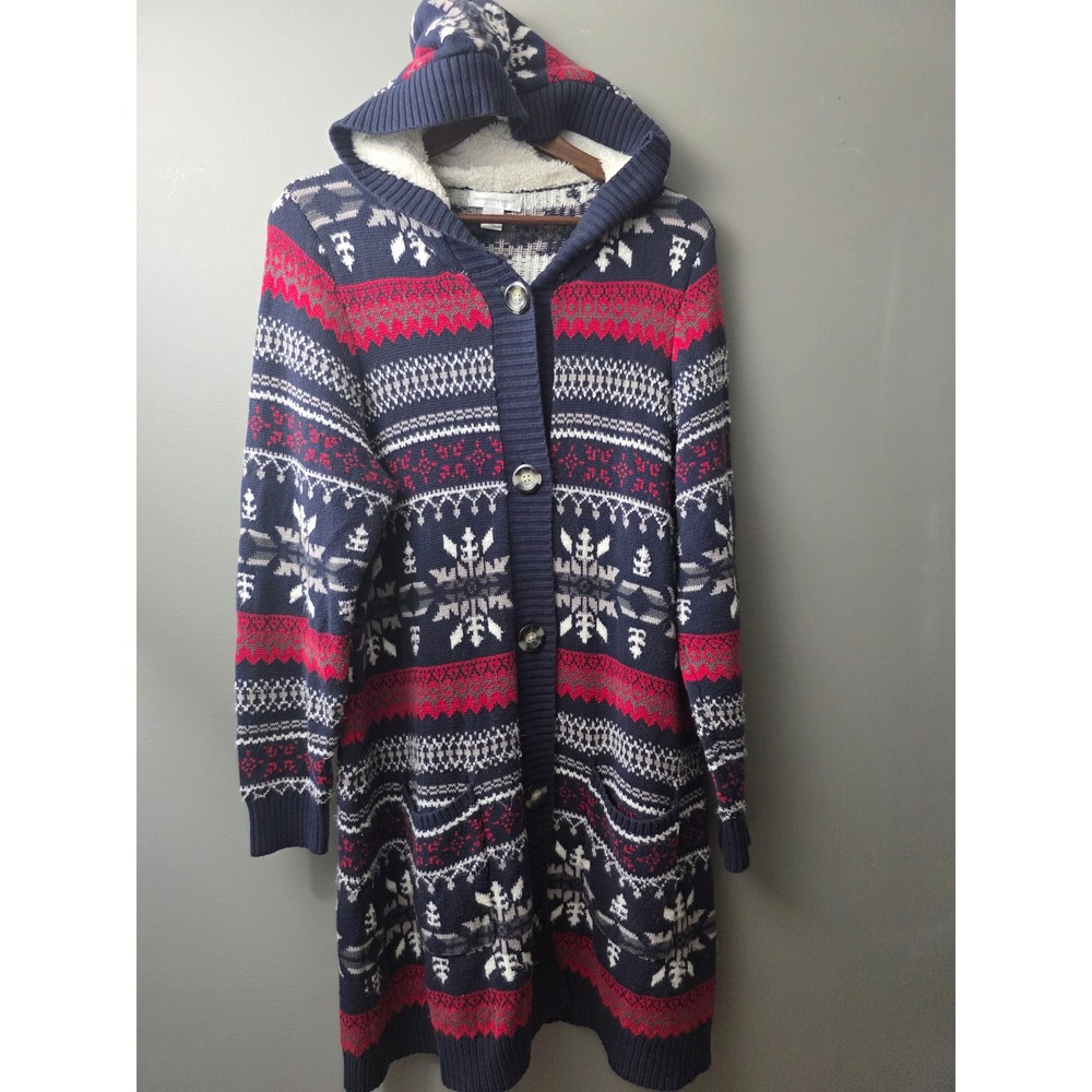 Christopher & Banks Fair Isle Snowflake Hooded Cardigan Sweater Navy Red XL